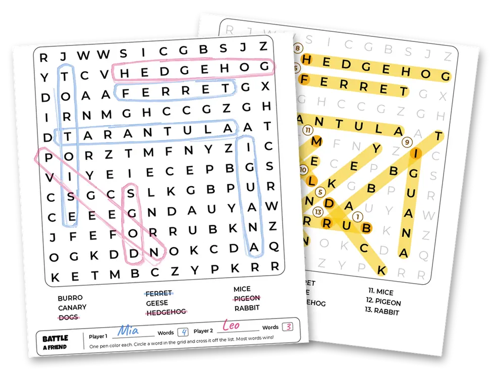 A printed word search mid-game: two players' names, words circled in blue and red and crossed off the list, the answer key behind it