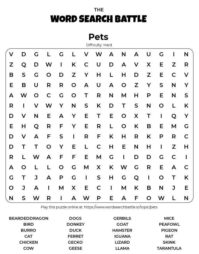 Printable Pets Word Search puzzle