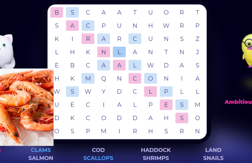 National Shrimp Day. Sea food words are hidden in this word search game. Try and find them all.