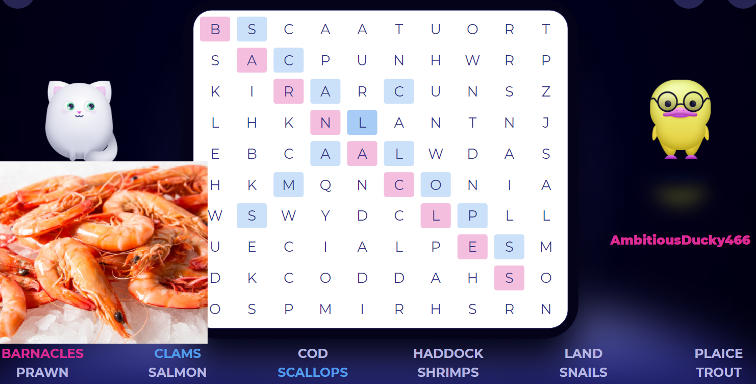 National Shrimp Day. Sea food words are hidden in this word search game. Try and find them all.