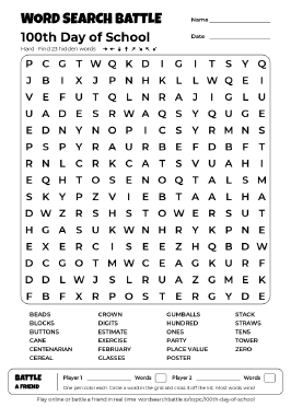 Printable 100th Day of School Word Search