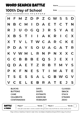 Printable 100th Day of School Word Search Preview