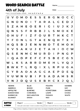 Printable Hard 4th of July Word Search
