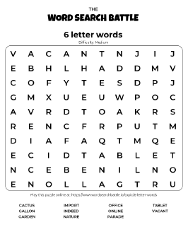 Printable 6 letter words Word Search Preview