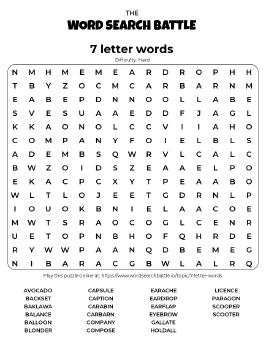 Printable Hard 7 letter words Word Search