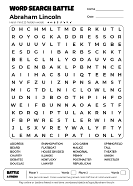 Printable Hard Abraham Lincoln Word Search
