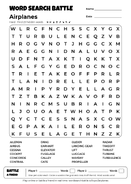Printable Hard Airplanes Word Search