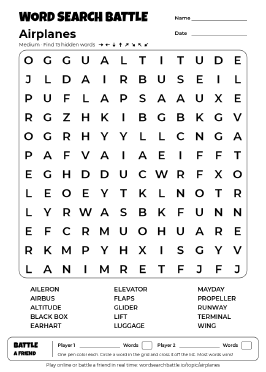 Printable Medium Airplanes Word Search