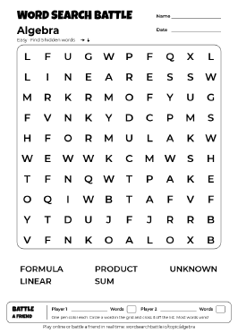Printable Algebra Word Search