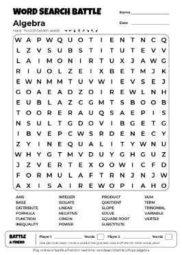 Printable Algebra Word Search