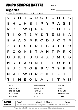 Printable Algebra Word Search Preview