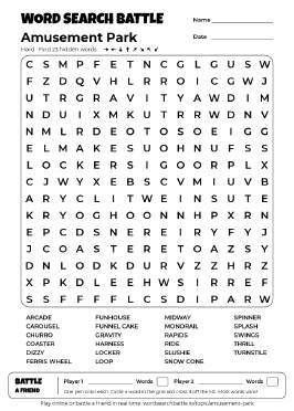 Printable Hard Amusement Park Word Search