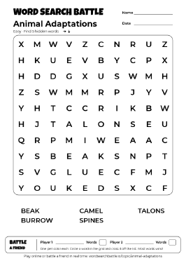 Printable Easy Animal Adaptations Word Search