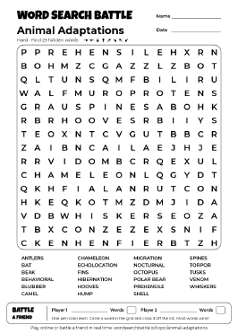 Printable Hard Animal Adaptations Word Search