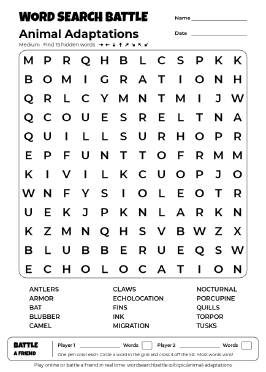 Printable Animal Adaptations Word Search Preview