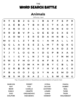 Printable Hard Animals Word Search