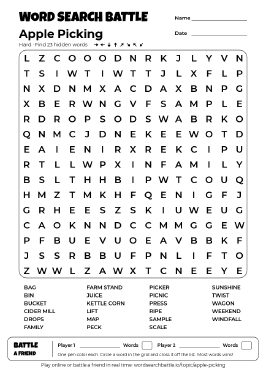 Printable Hard Apple Picking Word Search