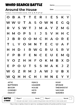 Printable Medium Around the House Word Search