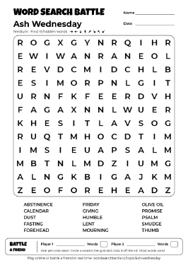 Printable Ash Wednesday Word Search