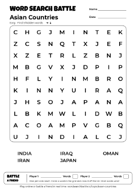 Printable Asian Countries Word Search