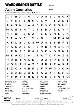 Printable Asian Countries Word Search