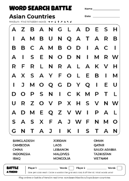 Printable Asian Countries Word Search