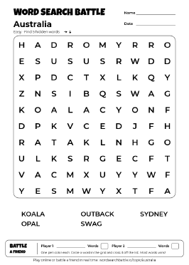 Printable Australia Word Search