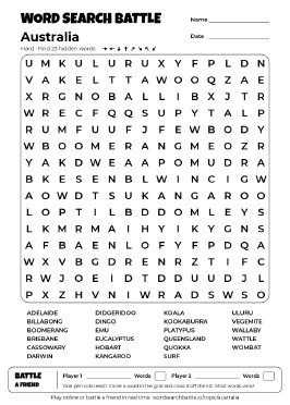 Printable Australia Word Search