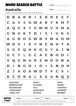 Printable Australia Word Search