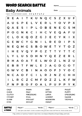 Printable Hard Baby Animals Word Search