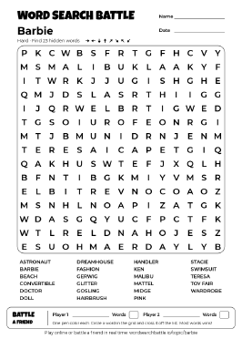 Printable Barbie Word Search