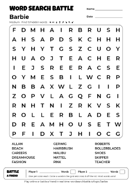 Printable Barbie Word Search