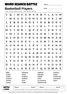 Printable Hard Basketball Players Word Search