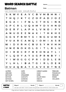Printable Hard Batman Word Search