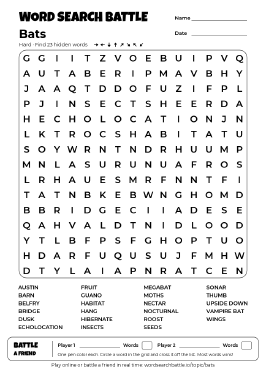 Printable Hard Bats Word Search