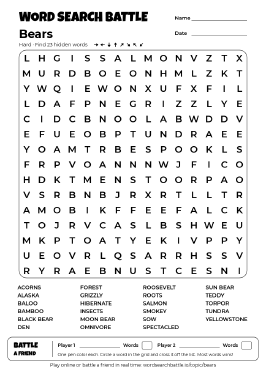 Printable Hard Bears Word Search