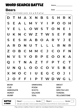 Printable Medium Bears Word Search