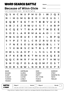 Printable Because of Winn-Dixie Word Search