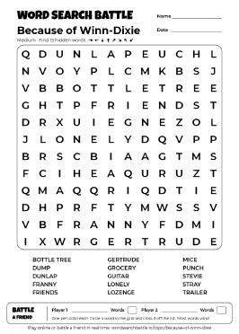 Printable Because of Winn-Dixie Word Search Preview