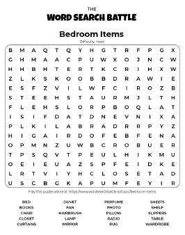 Printable Bedroom Items Word Search