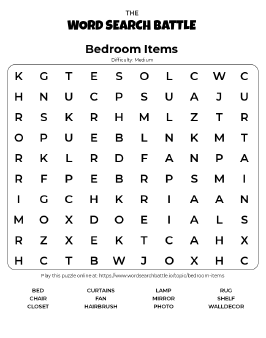 Printable Bedroom Items Word Search