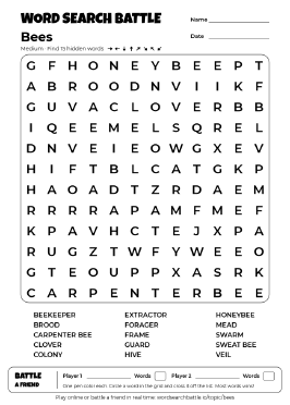 Printable Medium Bees Word Search