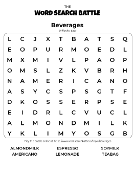Printable Easy Beverages Word Search