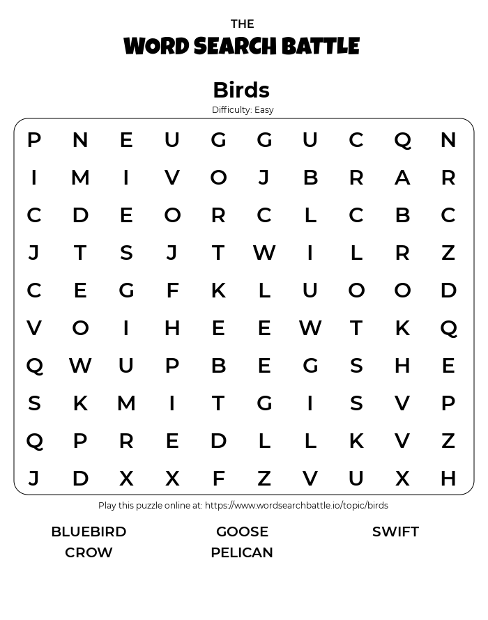 Printable Birds Word Search