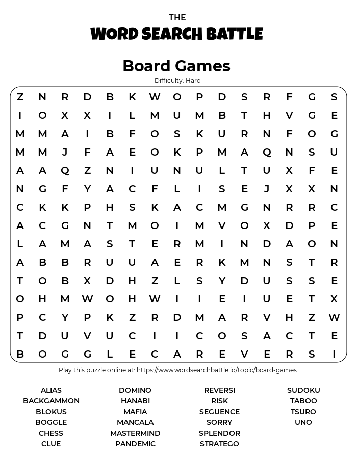 Printable Board Games Word Search