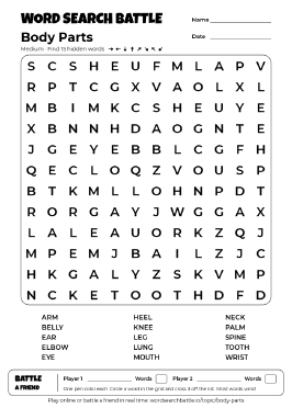 Printable Body Parts Word Search Preview