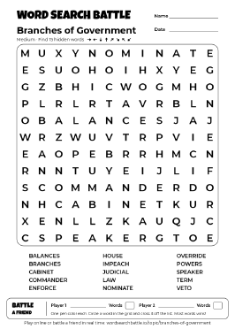 Printable Branches of Government Word Search Preview