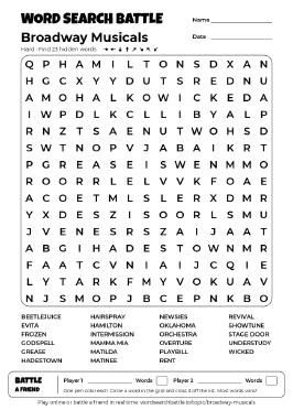 Printable Broadway Musicals Word Search
