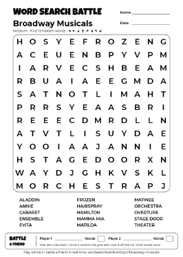 Printable Broadway Musicals Word Search Preview