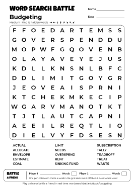 Printable Medium Budgeting Word Search